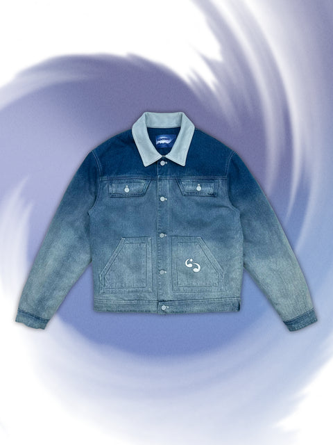 Blue denim jacket with light blue collar on a white background